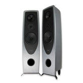 Pair of silver speakers with black cones on a white background
