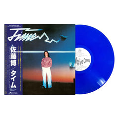 Blue vinyl record with a person on the cover against a sunset sky