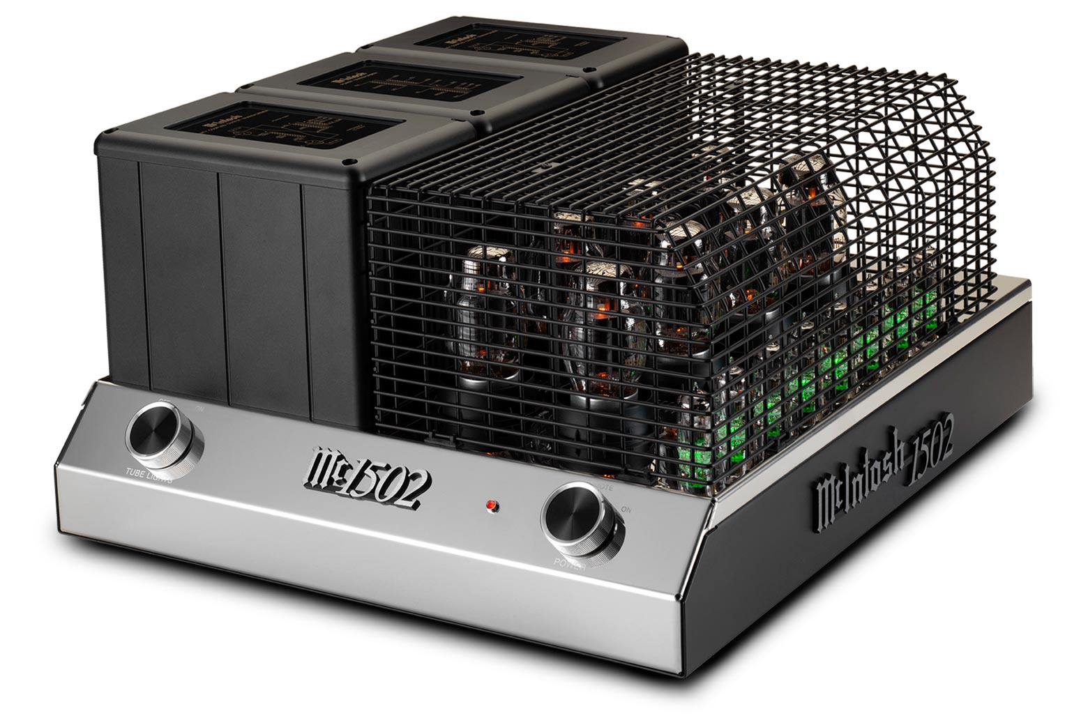 McIntosh MC1502 vacuum tube amplifier left-angle view with protective cage
