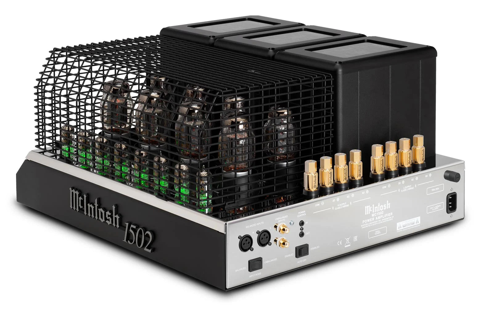 McIntosh MC1502 tube power amplifier right-angle view with protective cage