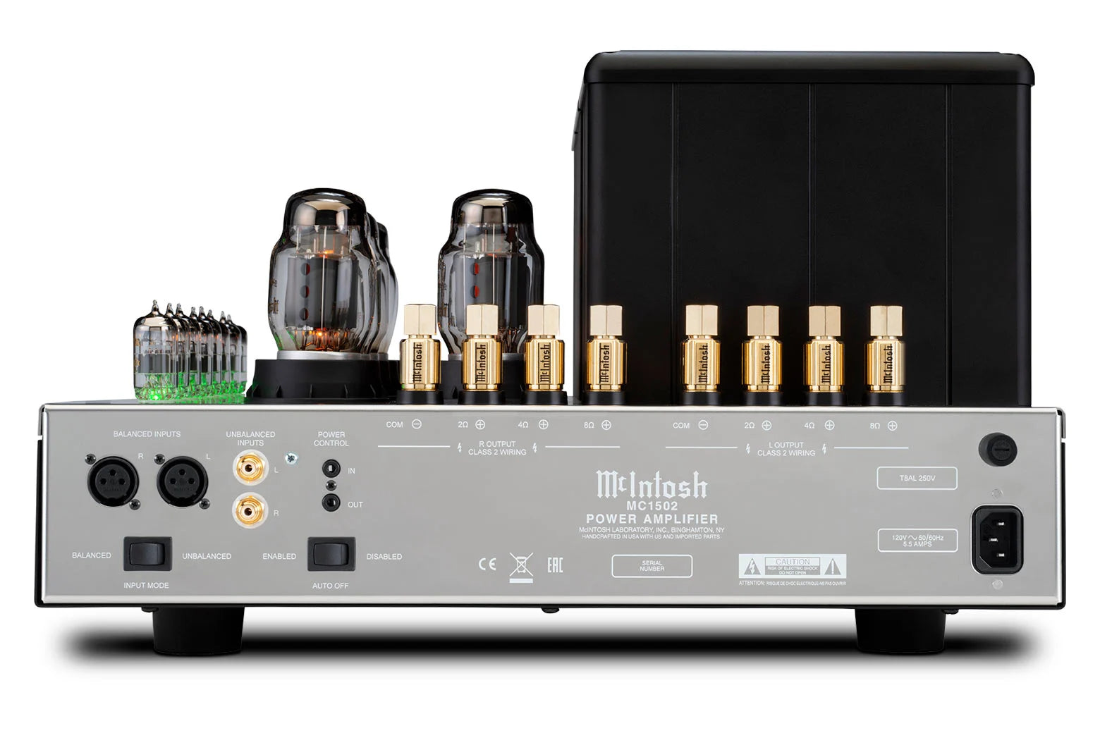 McIntosh MC1502 rear panel with balanced inputs and 2, 4 and 8-ohm speaker outputs