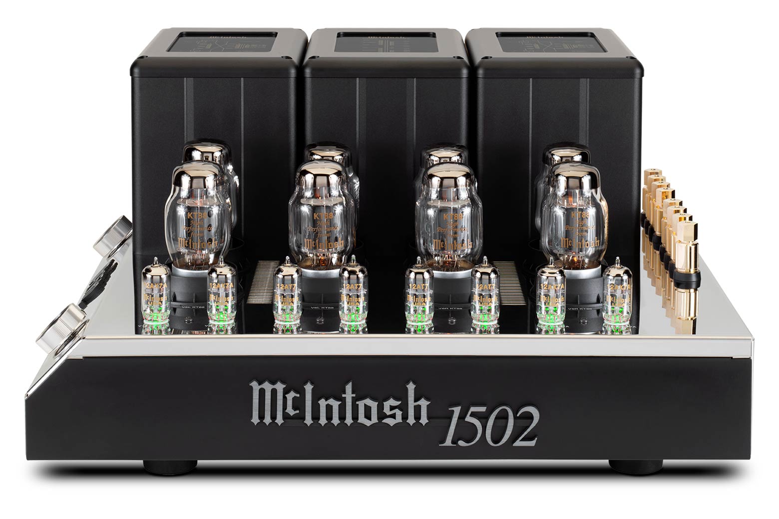 McIntosh MC1502 150-watt stereo tube amplifier front and top view