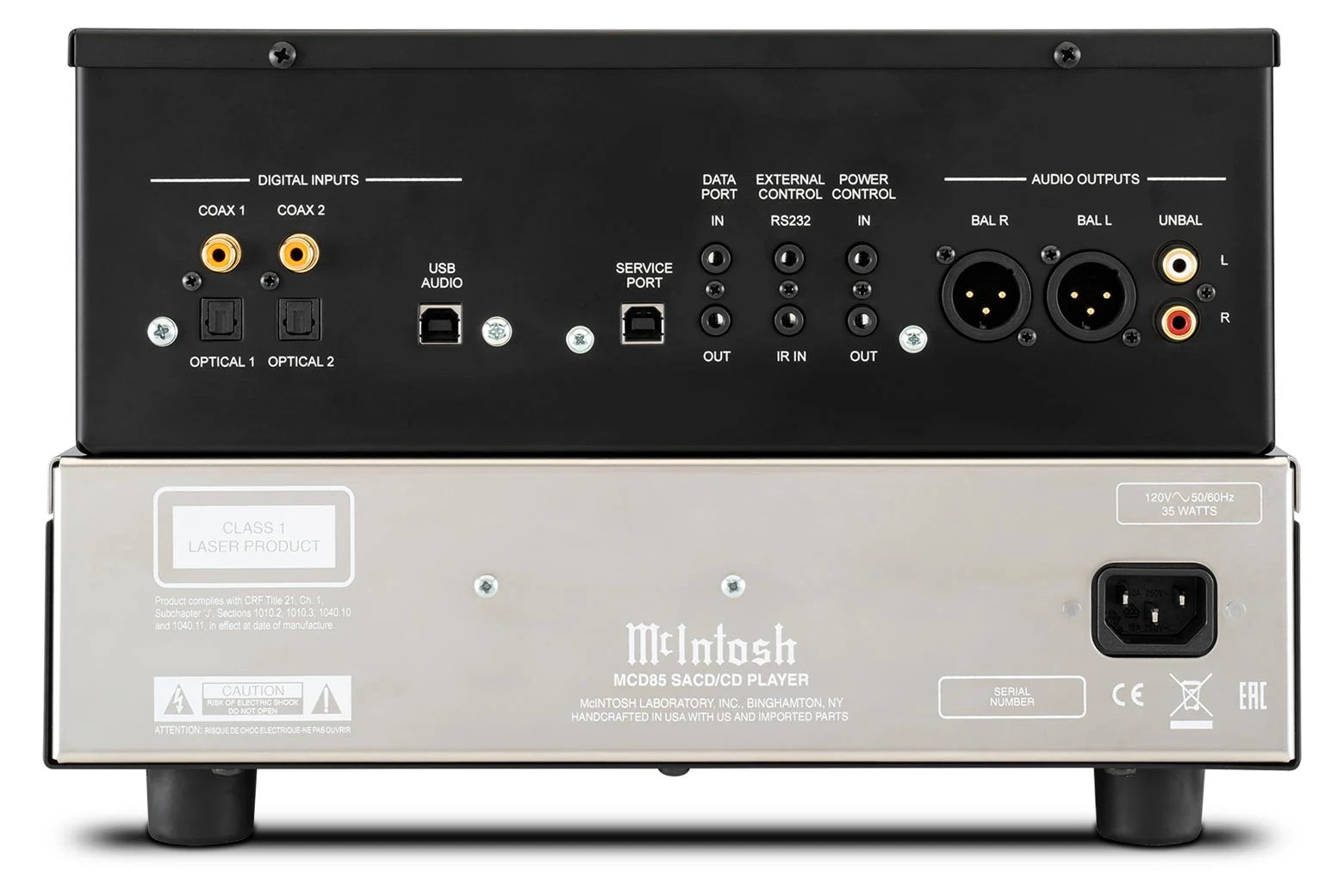 McIntosh MCD85 rear panel with USB, coaxial, optical, XLR, and RCA connections