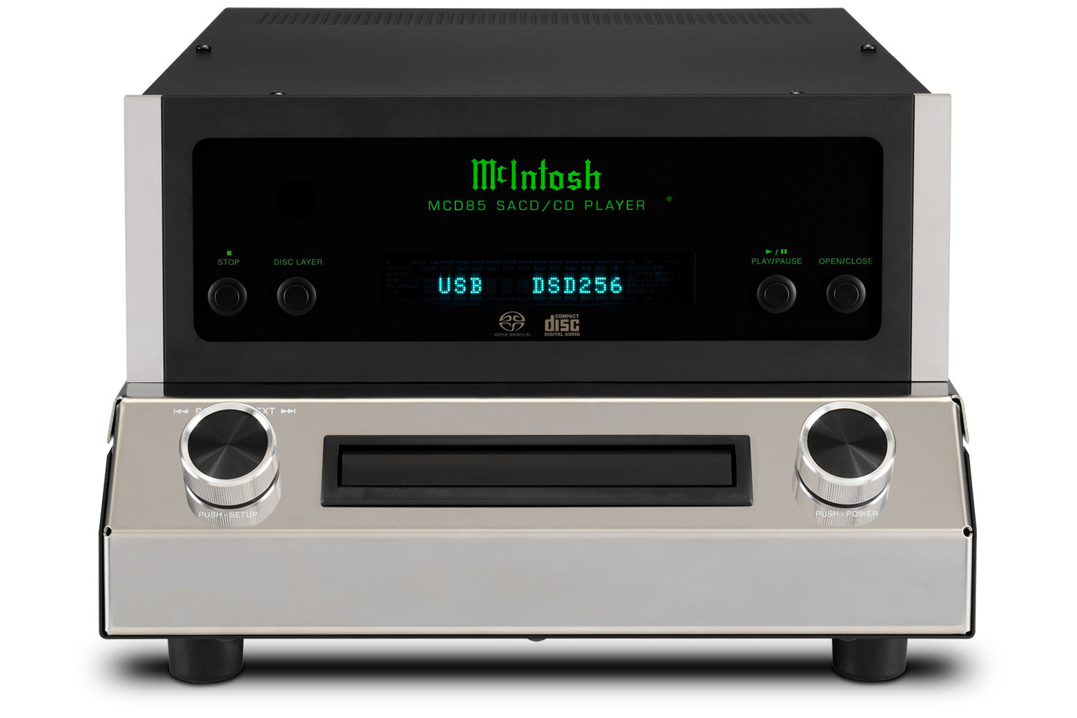 Front and top view of the McIntosh MCD85 SACD/CD player