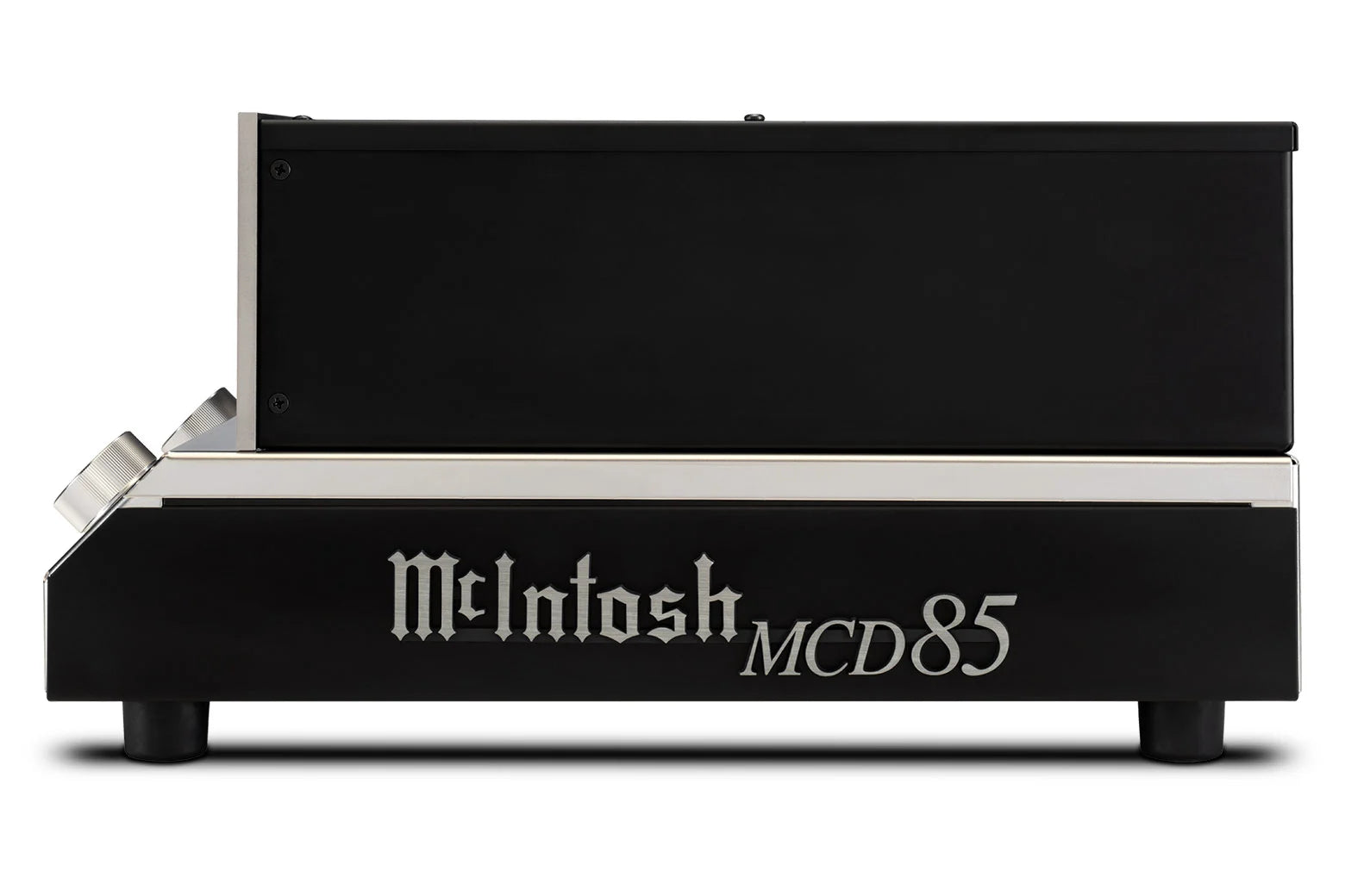 Side view of the McIntosh MCD85 SACD/CD player and polished open chassis