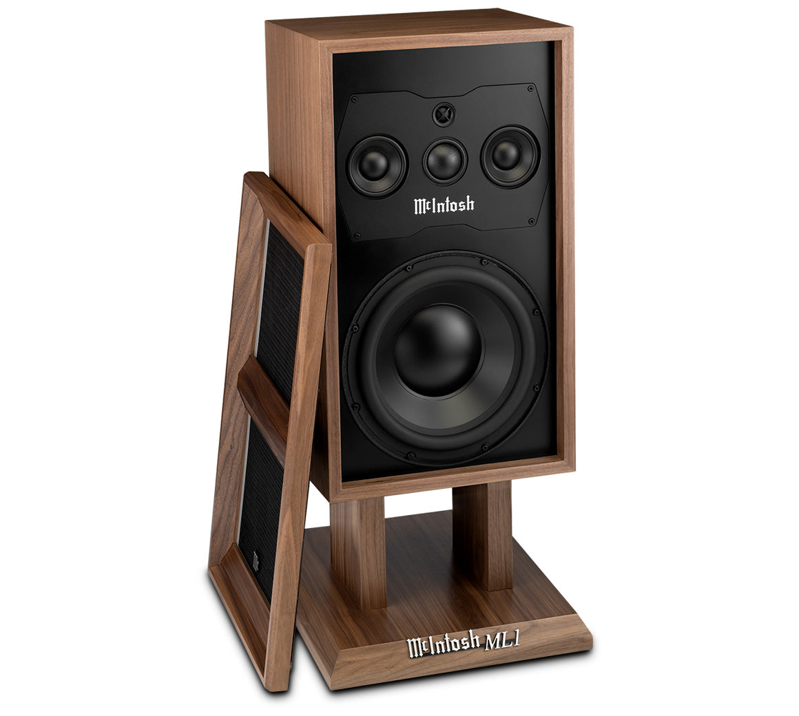 McIntosh ML1 Mk II American Walnut loudspeaker angled left with grille removed