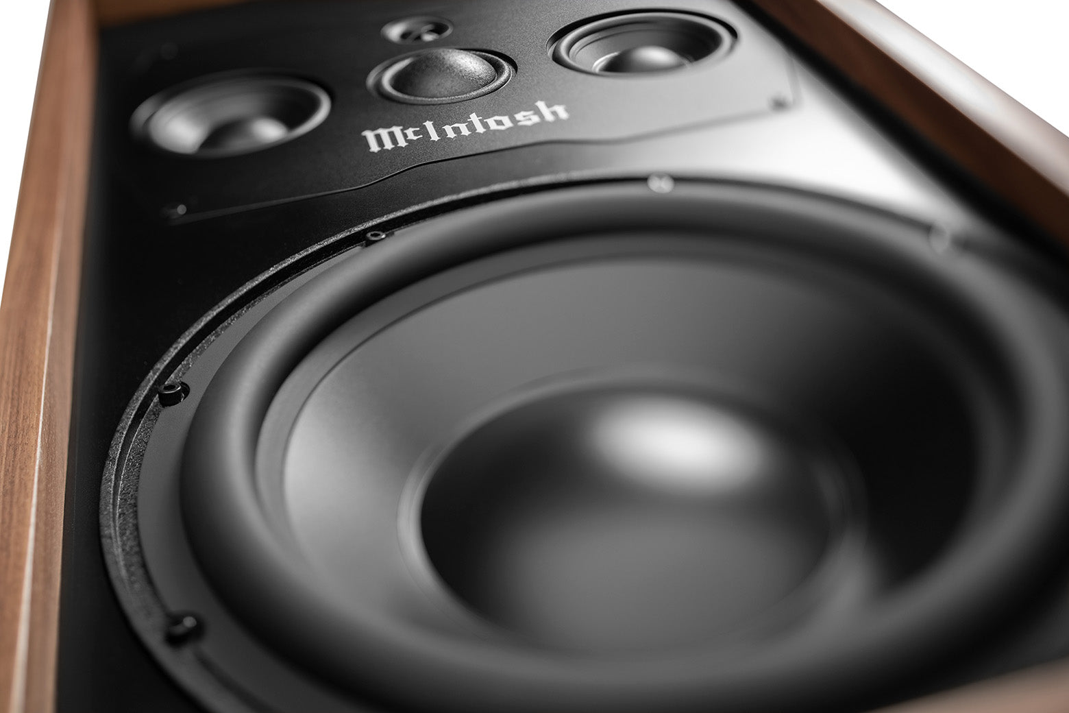 McIntosh ML1 Mk II driver close-up showing 12-inch woofer, midrange drivers, and titanium tweeter