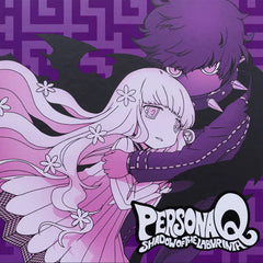 Anime-style illustration of two characters with 'Persona Q' branding on a purple background