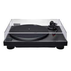 Turntable with clear dust cover on a white background