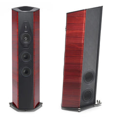 Sonus Faber Reference Series Il Cremonese floorstanding speakers in red high gloss wood finish.