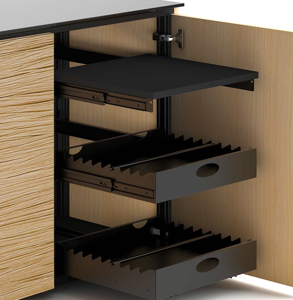 Configurable interior of a Salamander AV cabinet