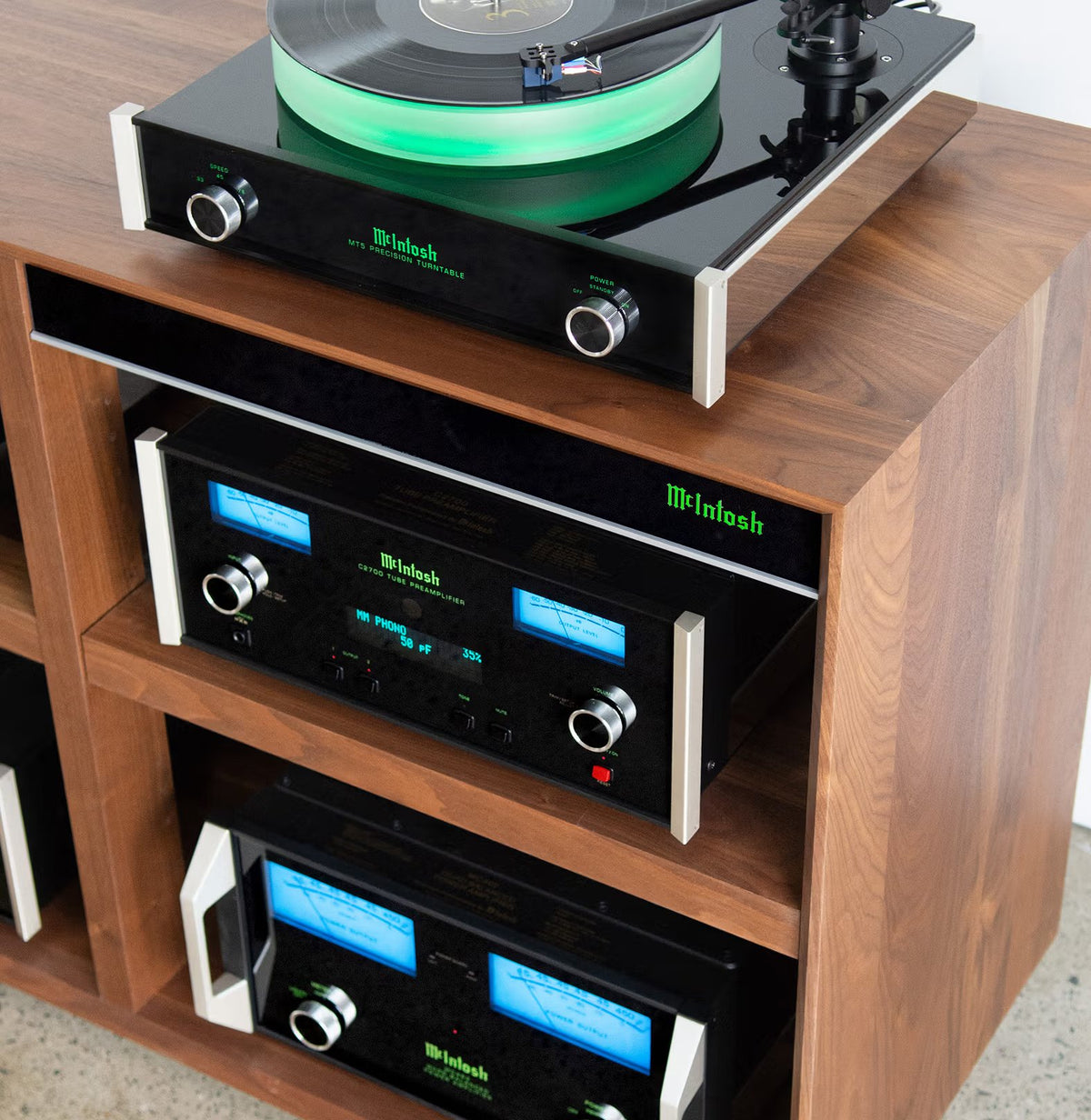 Symbol Audio solid wood McIntosh rack with illuminated logo and McIntosh components