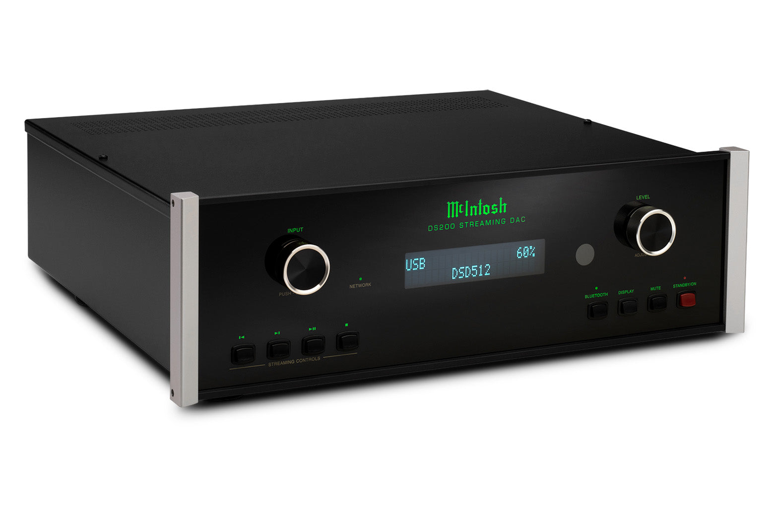 McIntosh DS200 streaming DAC angled left view showing USB DSD512 playback