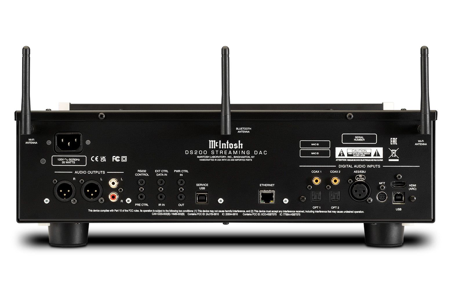 McIntosh DS200 streaming DAC rear panel with eight digital inputs and analog outputs