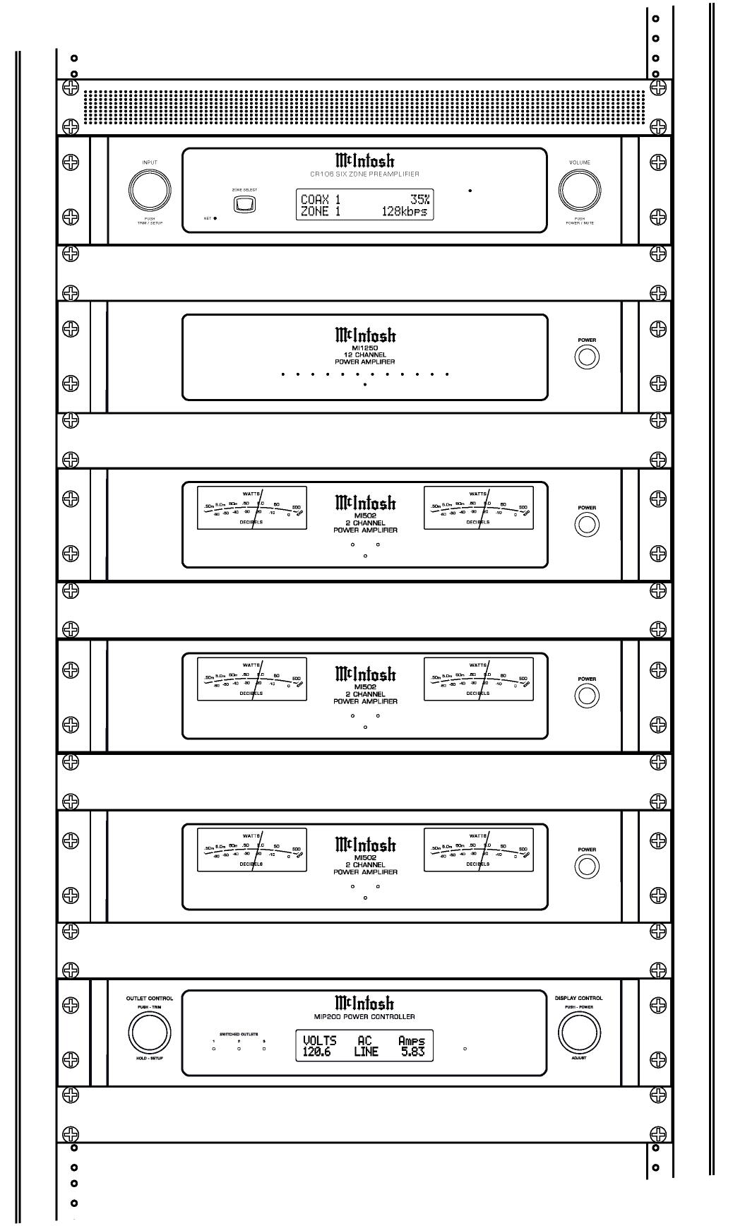 McIntosh distributed audio rack system with CR106, MI1250, MI502 amplifiers, and MIP200 power controller