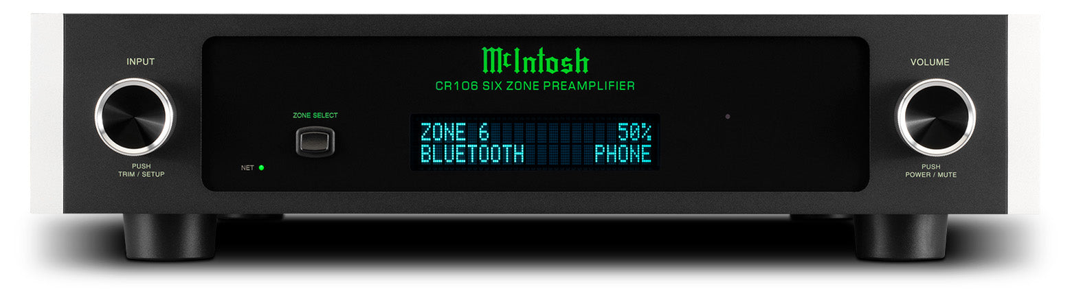 McIntosh CR106 6-zone preamplifier and audio matrix front view with Bluetooth display