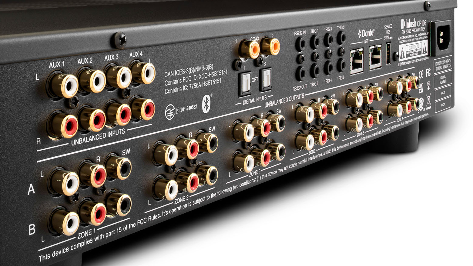 McIntosh CR106 rear angle view highlighting six-zone outputs, digital inputs, Dante networking, and control connections