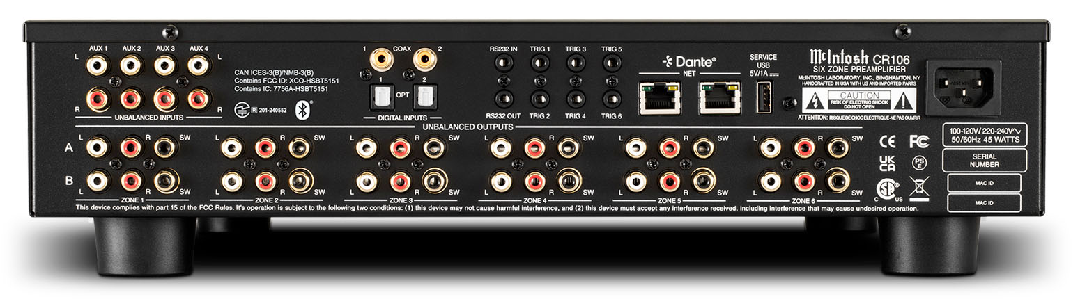 McIntosh CR106 rear panel showing analog and digital inputs, six-zone outputs, Dante, triggers, and network connections