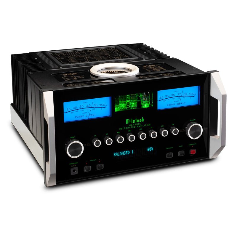 McIntosh MA12000 front panel with blue watt meters and controls