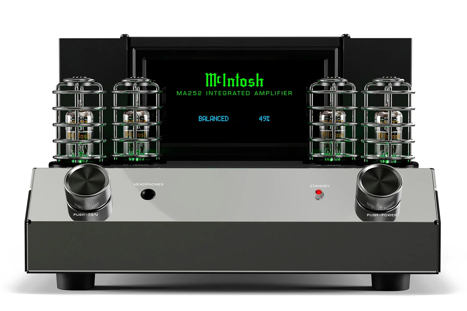 McIntosh MA252 hybrid integrated amplifier front view with vacuum tubes