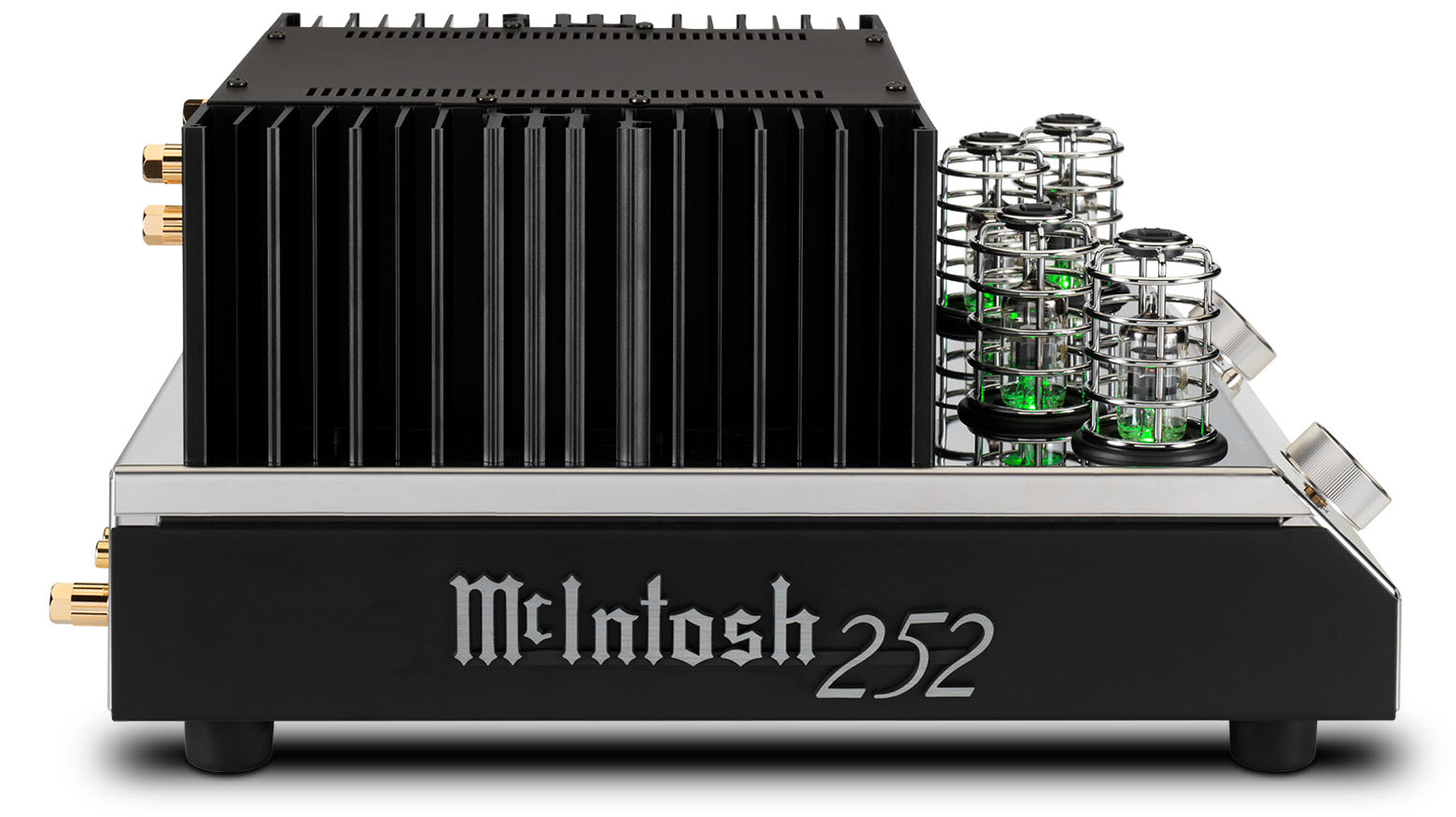 McIntosh MA252 hybrid integrated amplifier side profile with vacuum tubes and heatsinks