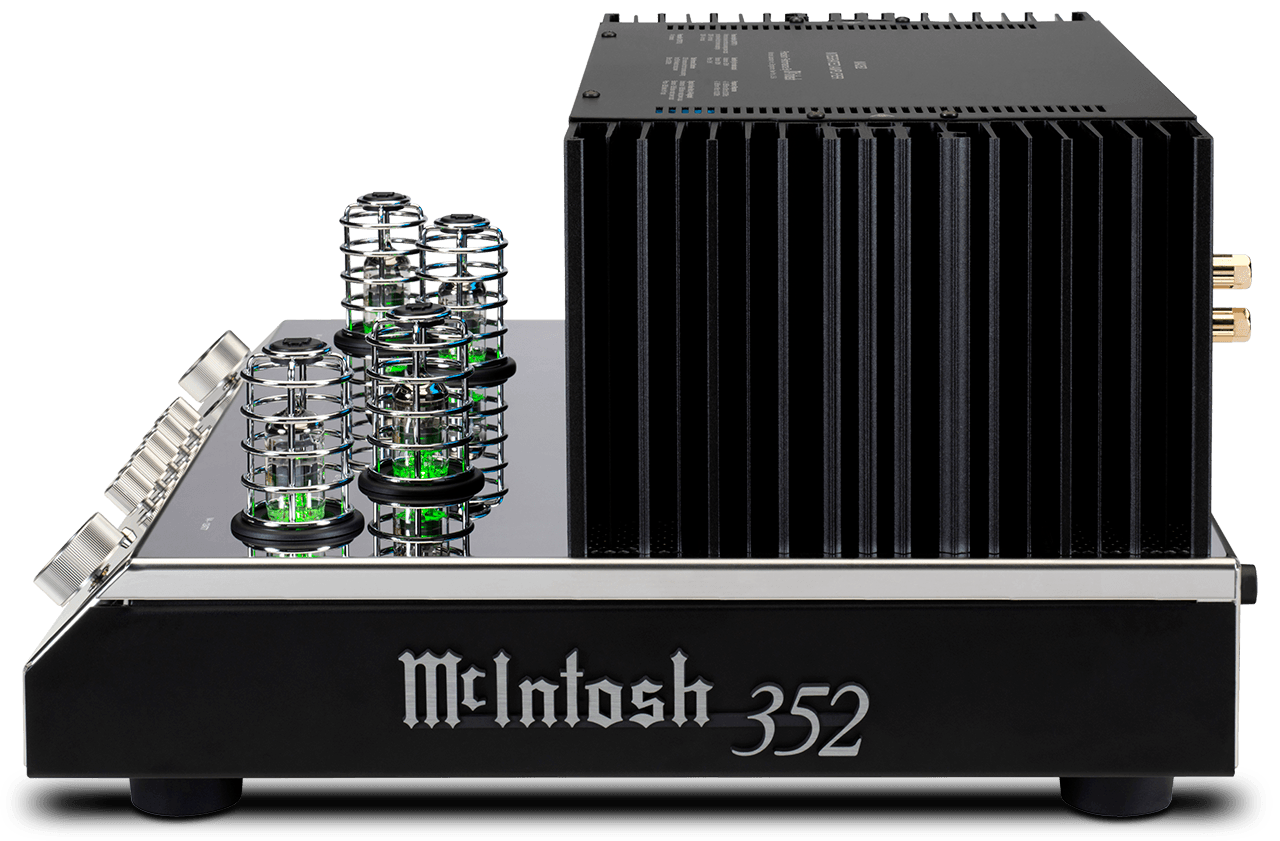 McIntosh MA352 integrated amplifier side profile with vacuum tubes and heatsink