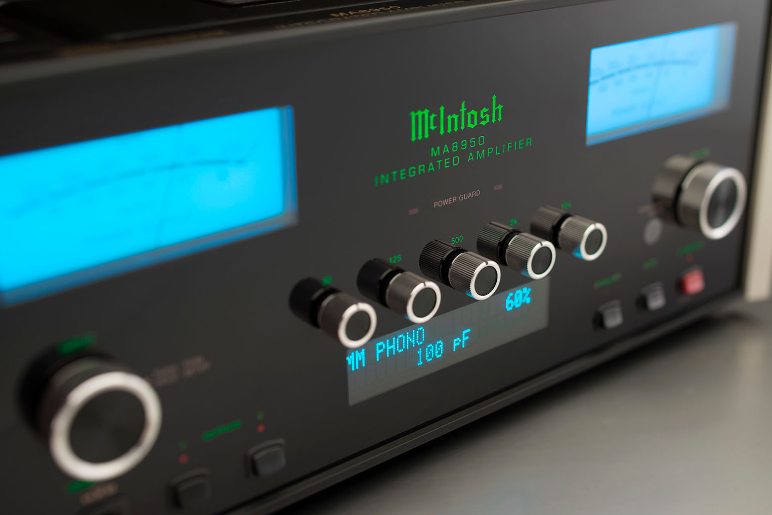 McIntosh MA8950 integrated amplifier front controls, headphone output and phono input display