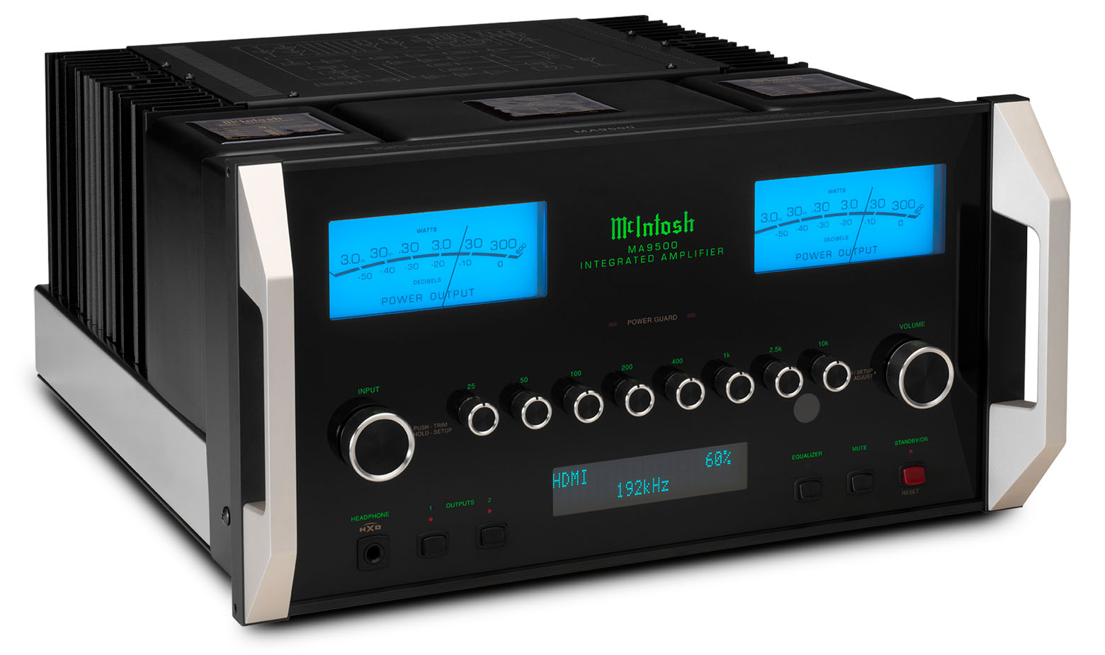 McIntosh MA9500 2-channel integrated amplifier front angled view with blue watt meters