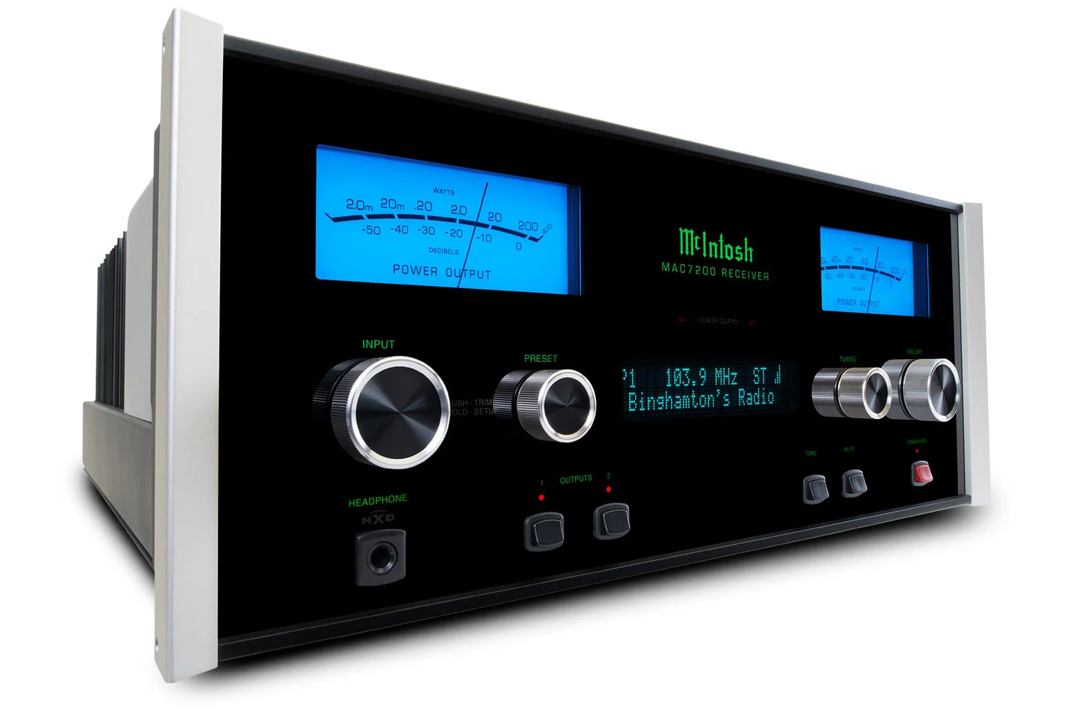 Low-angle front view of the McIntosh MAC7200 stereo receiver with illuminated blue watt meters