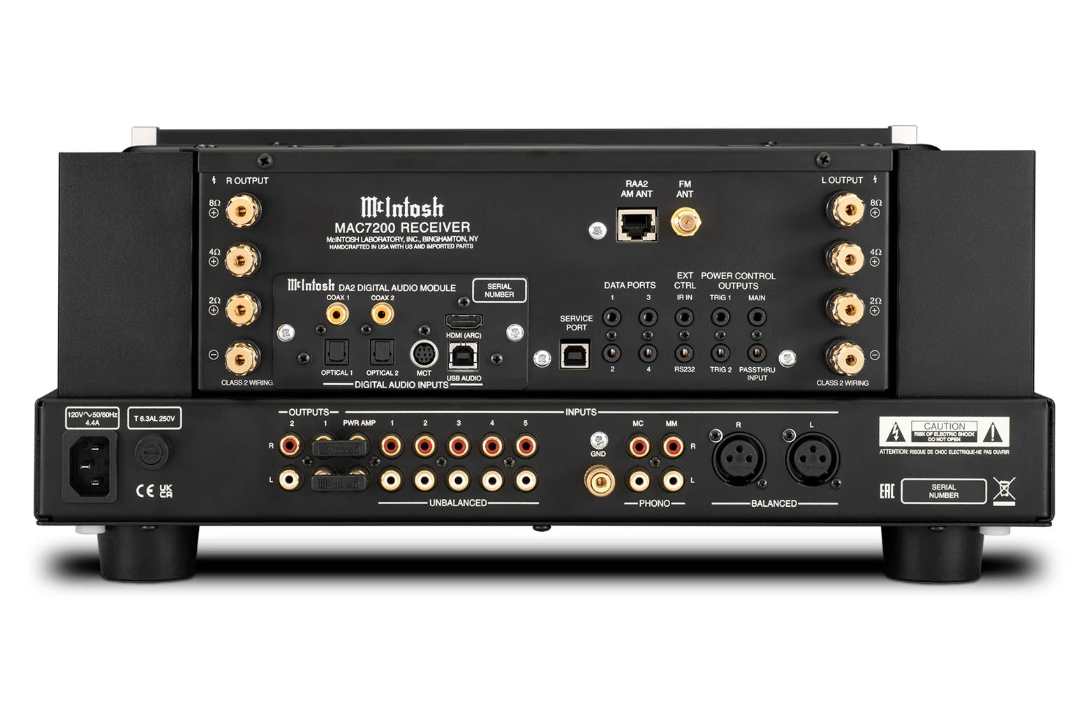 Rear panel of the McIntosh MAC7200 stereo receiver showing analog, digital, tuner and speaker connections