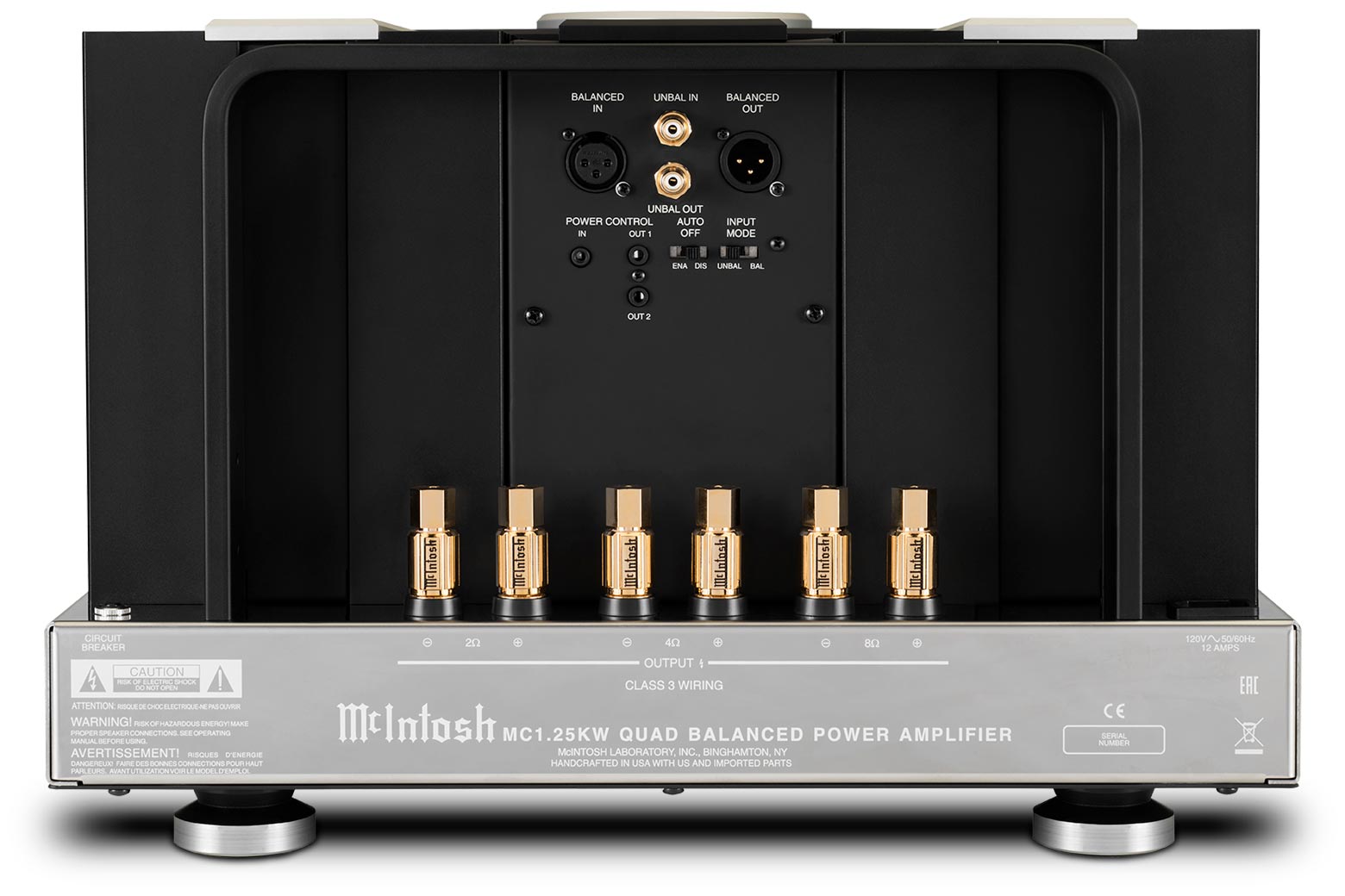 McIntosh MC1.25KW rear panel with balanced input and 2, 4 and 8-ohm speaker outputs