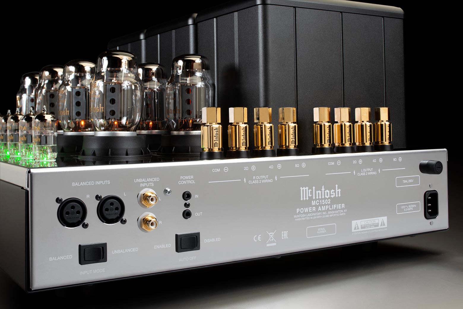 McIntosh MC1502 rear panel with balanced and unbalanced inputs and speaker outputs