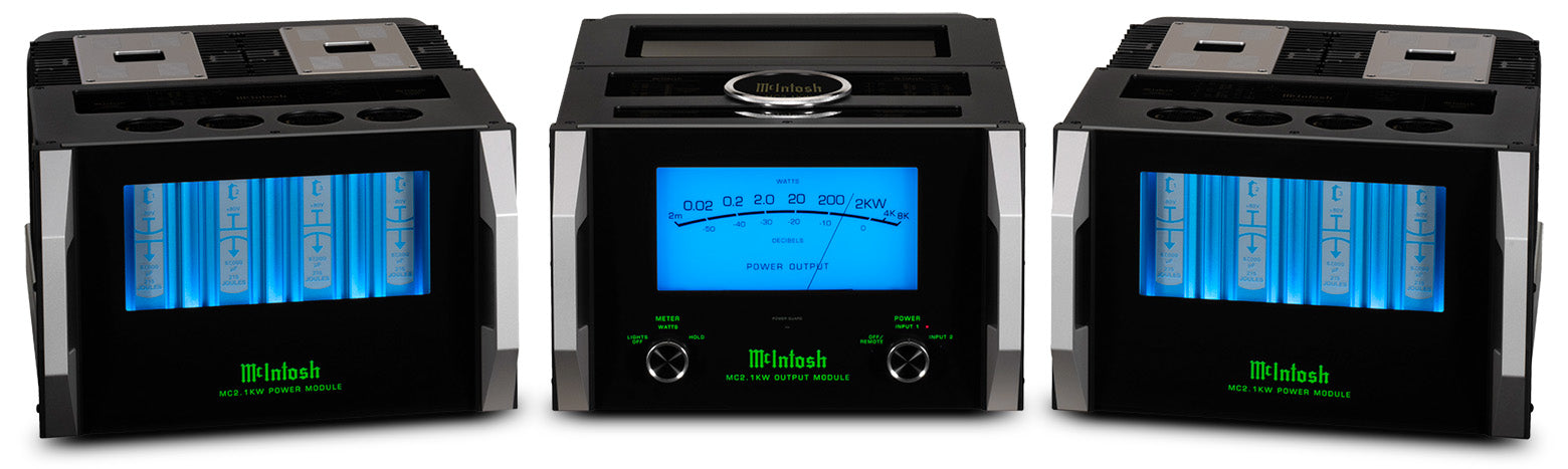 McIntosh MC2.1KW tri-chassis monoblock power amplifier front and top view