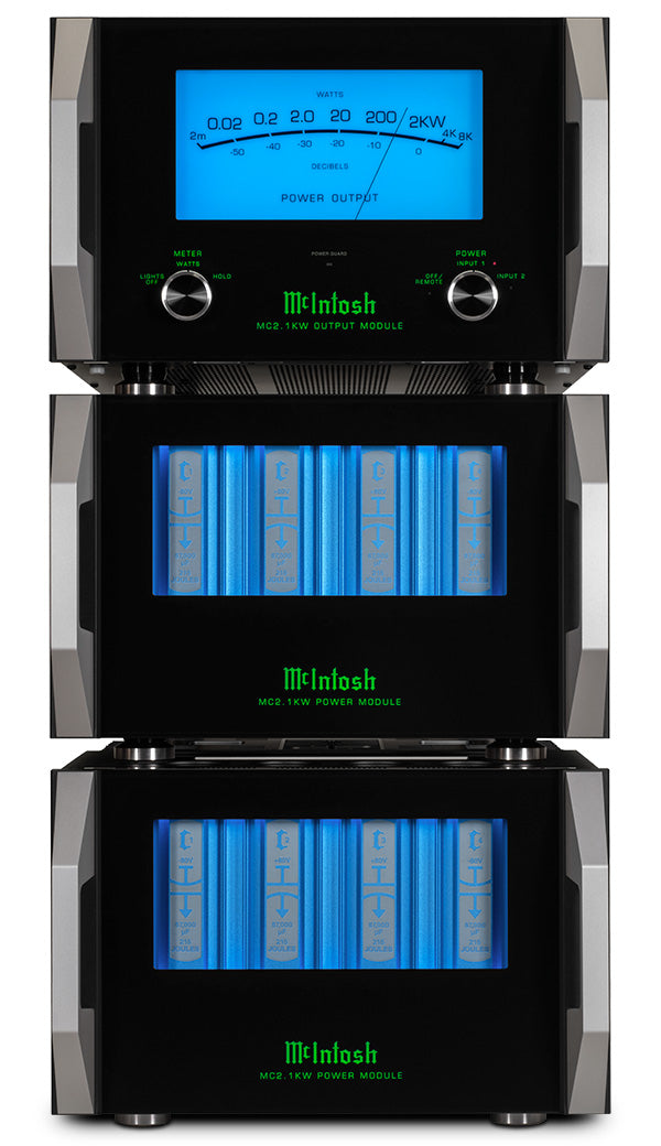 McIntosh MC2.1KW output module and two power modules stacked front view