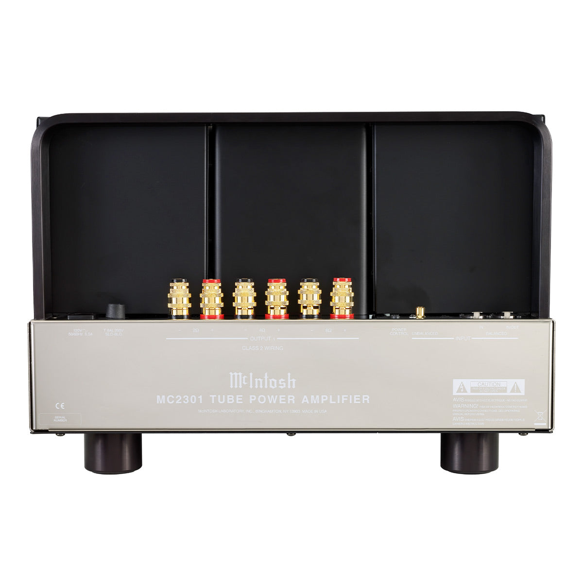 McIntosh MC2301 vacuum tube monoblock amplifier rear angled view