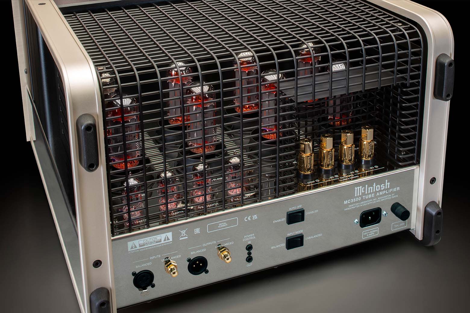 McIntosh MC3500 Mk II rear view with protective vacuum tube cage installed