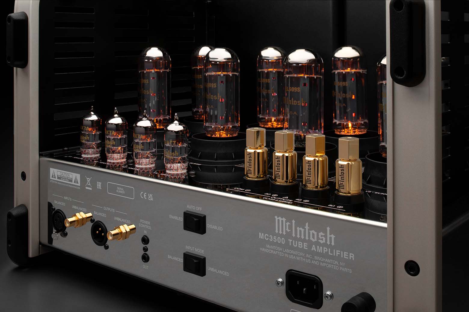 McIntosh MC3500 Mk II rear view showing EL509S vacuum tubes and connections