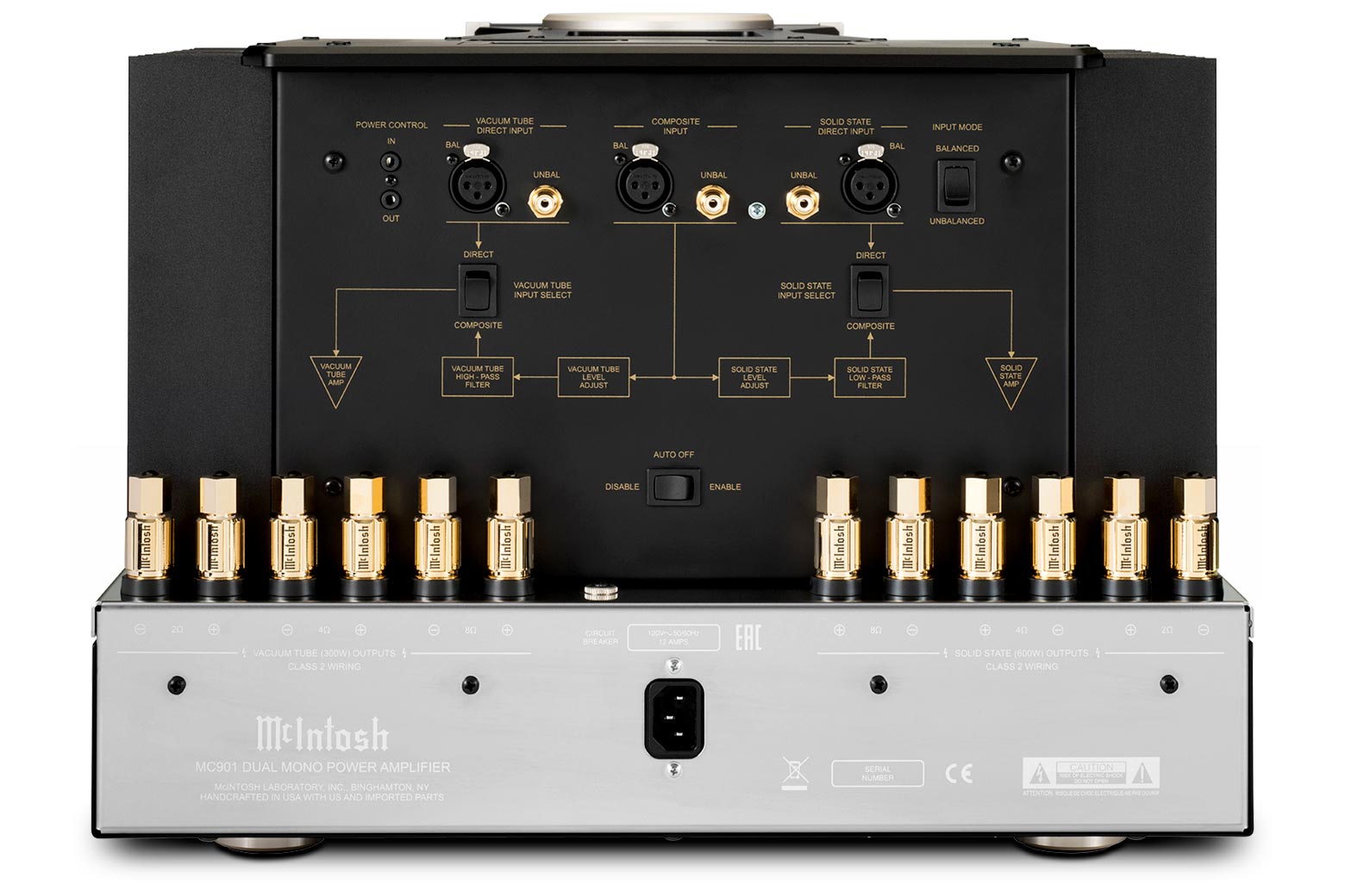 McIntosh MC901 rear panel with balanced inputs, crossover controls and speaker outputs