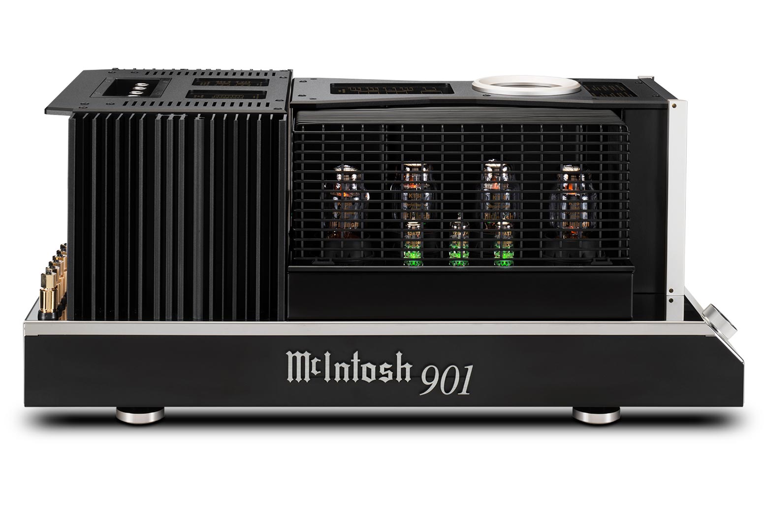 McIntosh MC901 side view with protective vacuum tube cages installed
