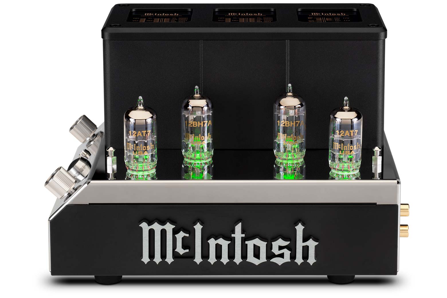 McIntosh MHA200 vacuum tube headphone amplifier front and top view
