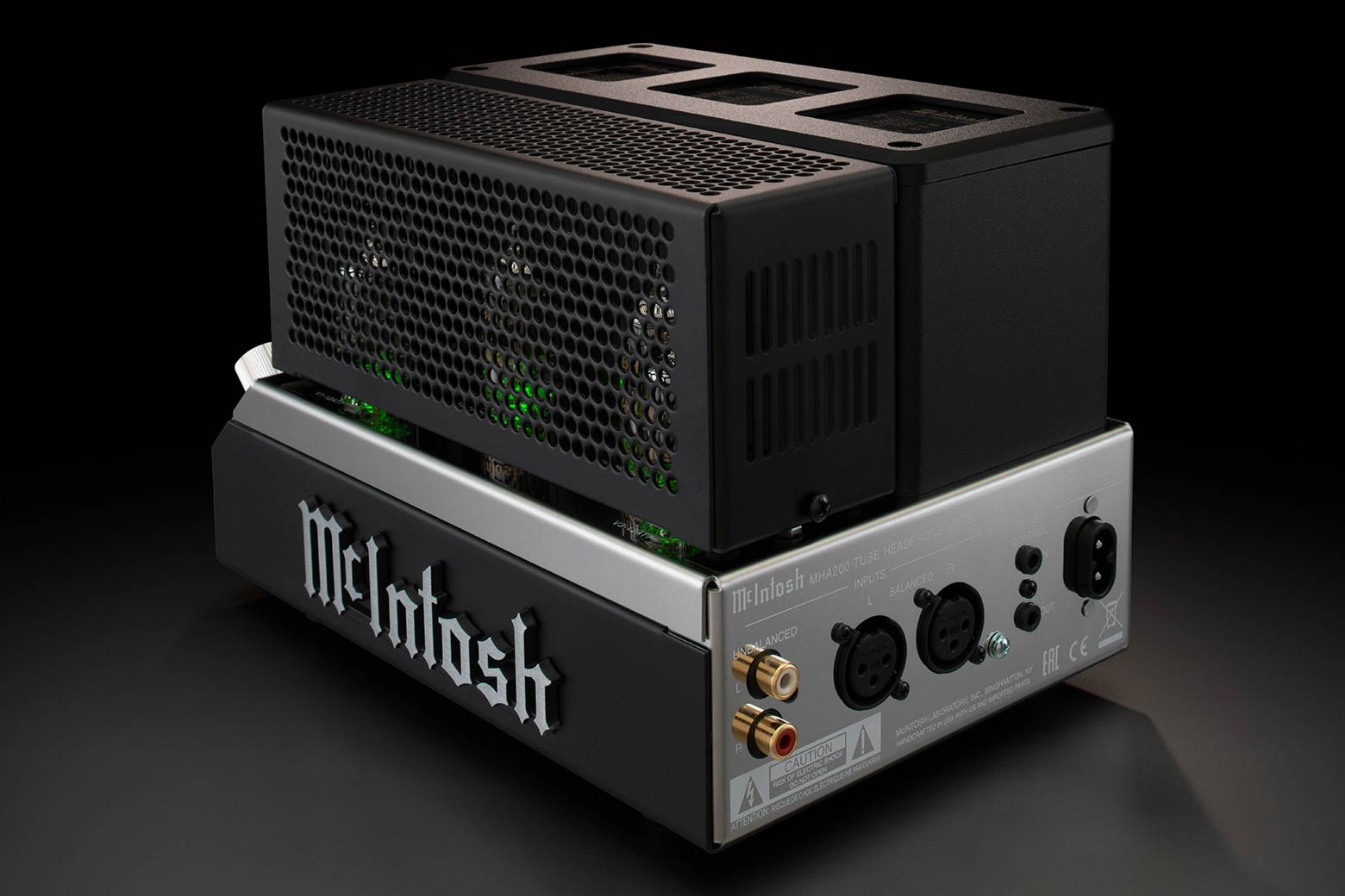 McIntosh MHA200 vacuum tube headphone amplifier rear angled view with tube cage