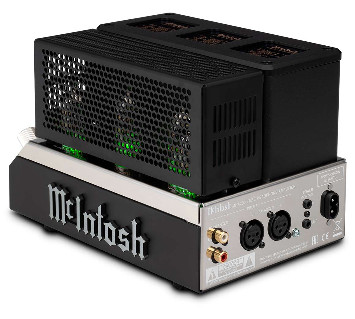 McIntosh MHA200 vacuum tube headphone amplifier right angled view with protective tube cage