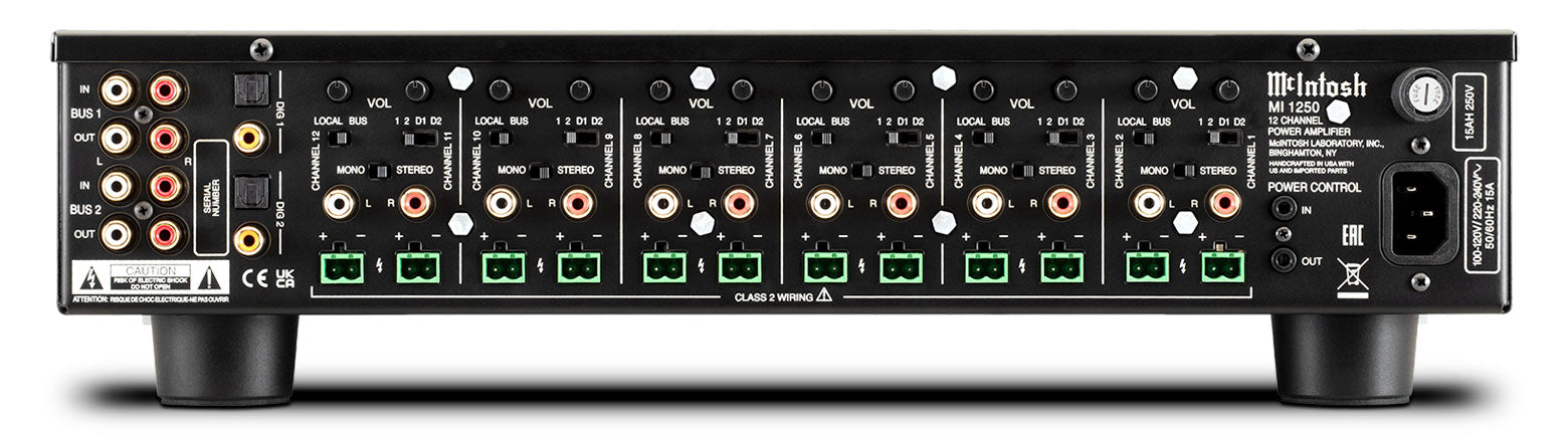 McIntosh MI1250 12-channel power amplifier rear panel and connections