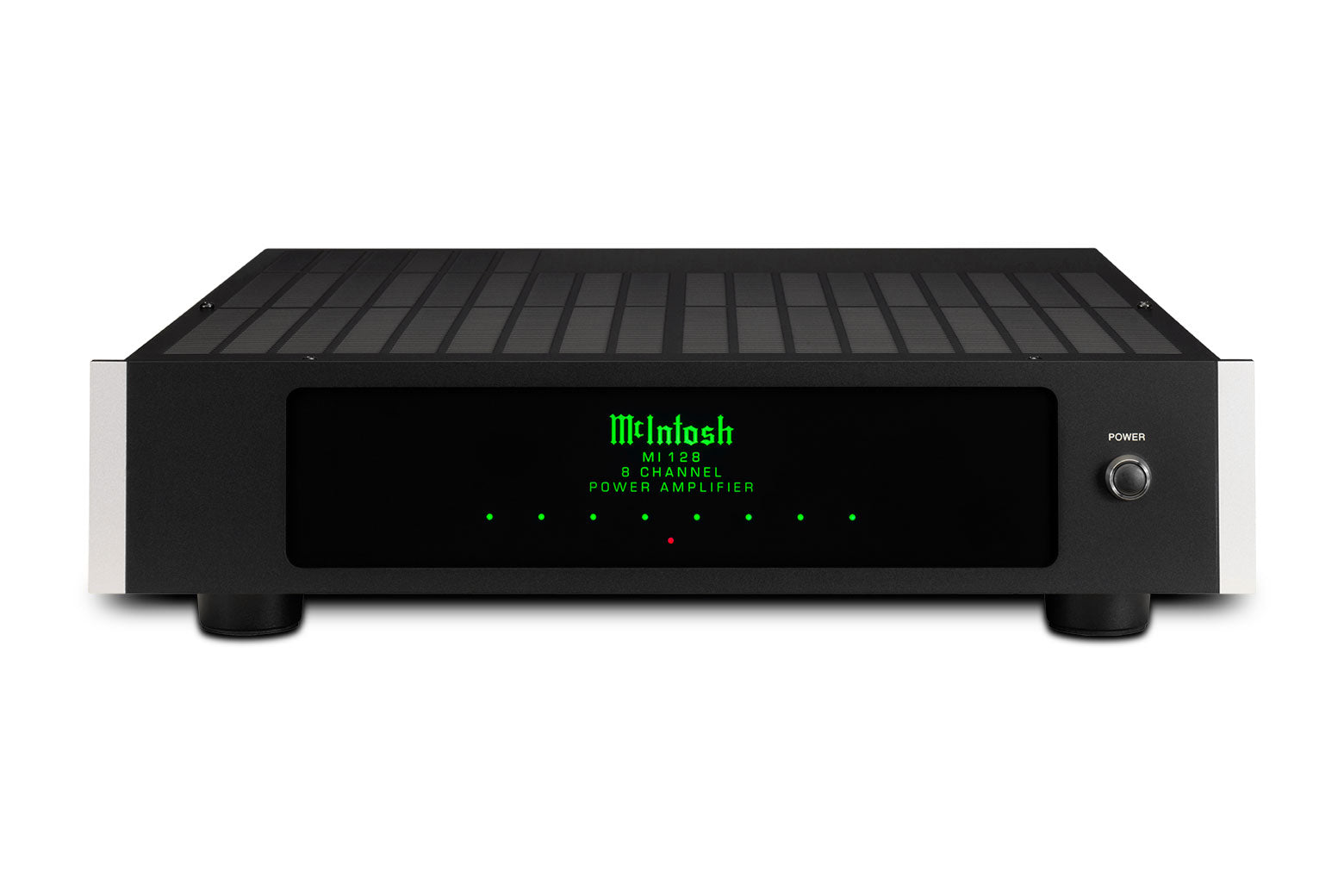 McIntosh MI128 8-channel amplifier front and top view without rack ears