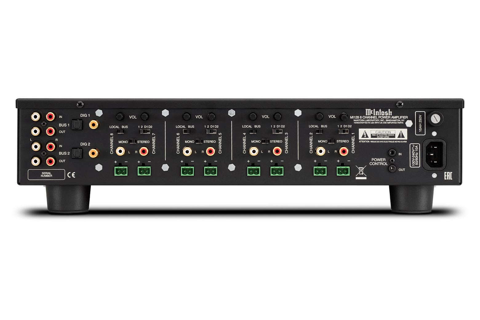 McIntosh MI128 rear panel with eight channel inputs, digital inputs and Phoenix speaker terminals