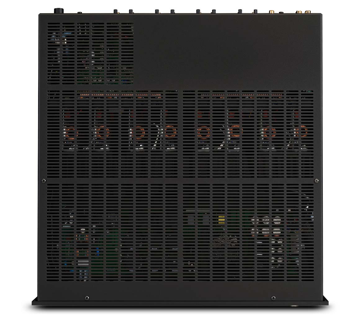 McIntosh MI128 8-channel amplifier top view showing ventilated fanless chassis