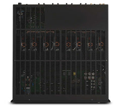 McIntosh MI128 8-channel amplifier top view showing ventilated fanless chassis