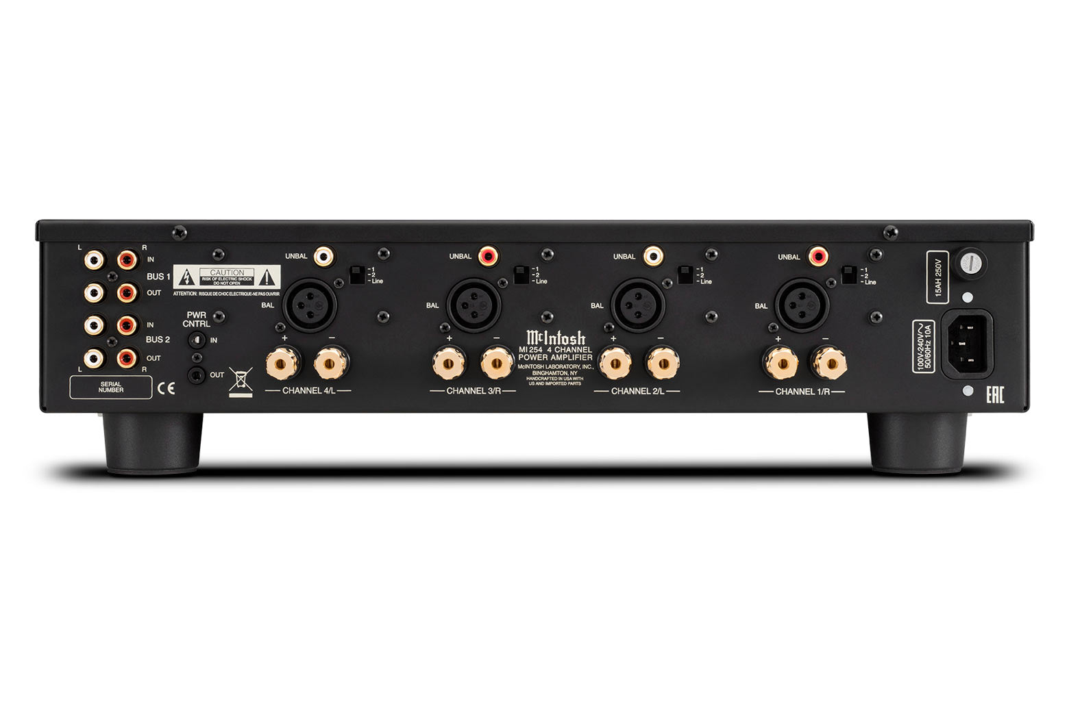 McIntosh MI254 rear panel with XLR and RCA inputs and speaker outputs