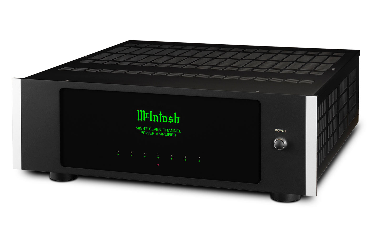 McIntosh MI347 7-channel Class D power amplifier angled view