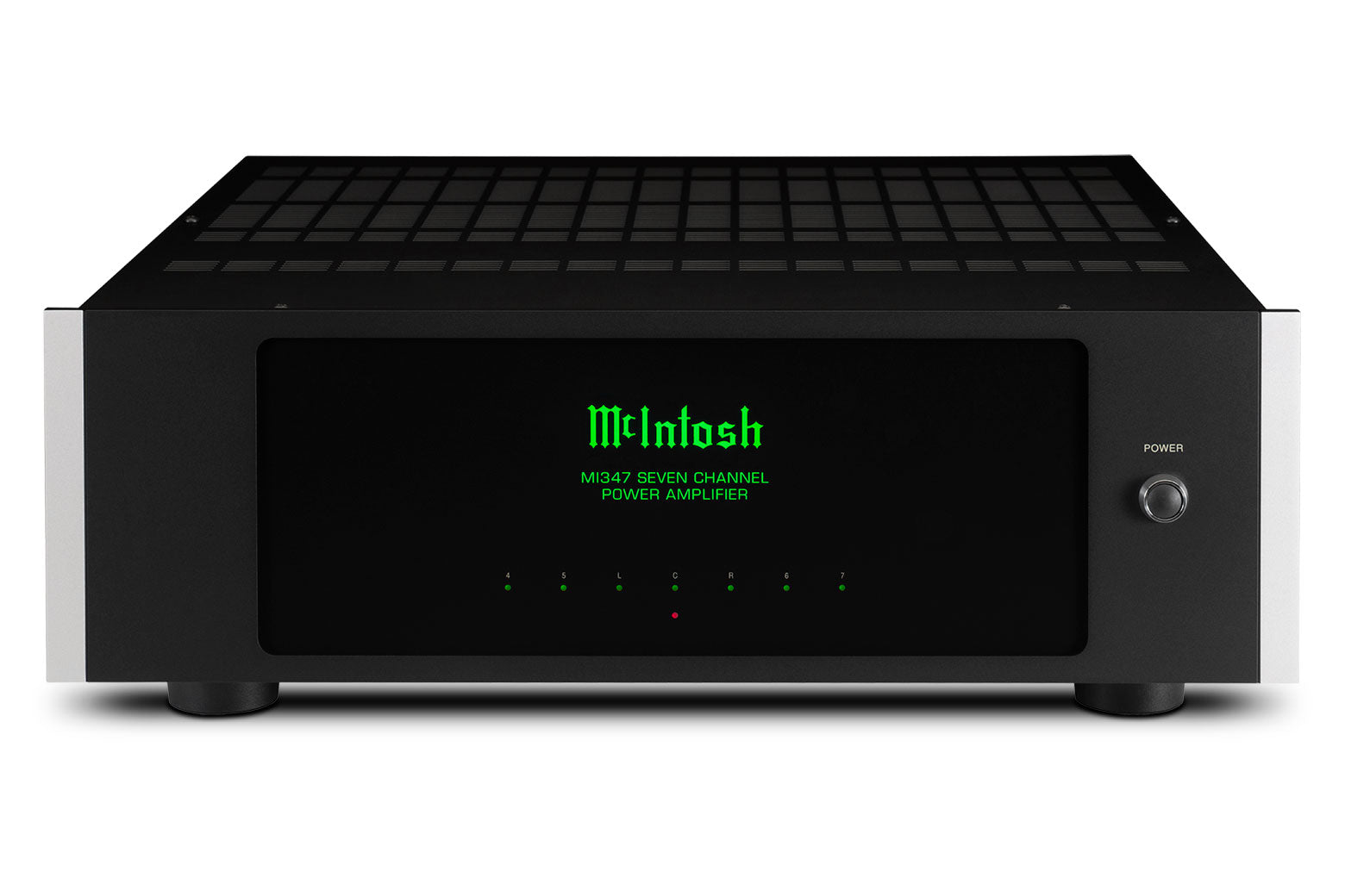McIntosh MI347 7-channel home theater amplifier front and top view